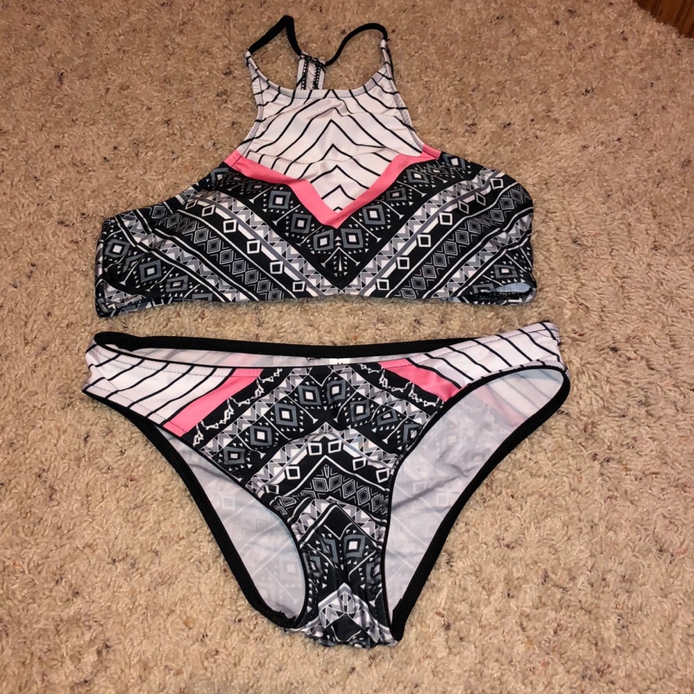 White, Gray, Black Swimsuit With Pink Stripes!